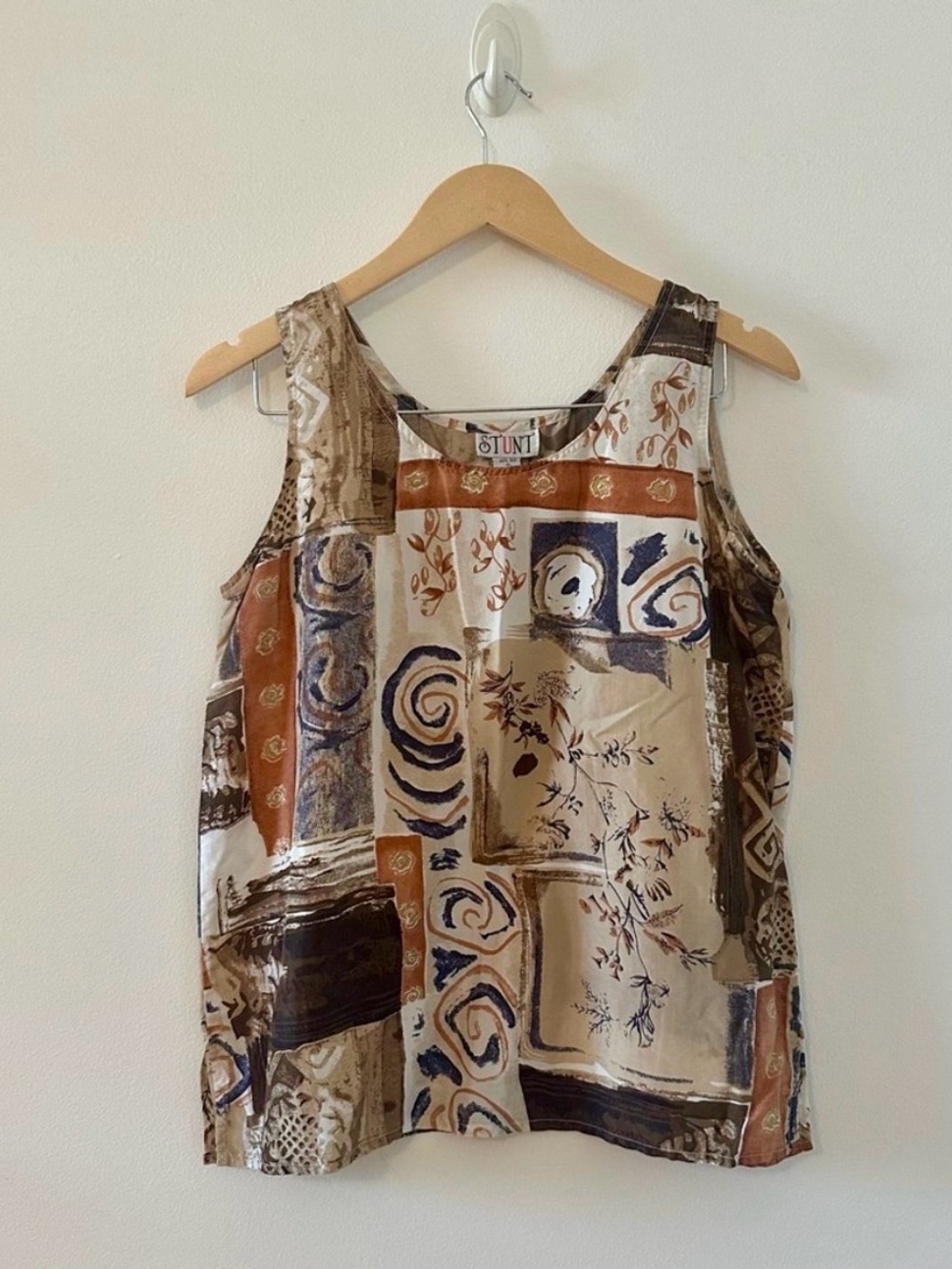 Vintage Silk Abstract Print Blouse - Brown and Cream